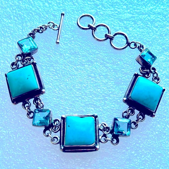 Turquoise Aqua bracelet vintage sterling silver toggle clasp adjustable India - Picture 2 of 4